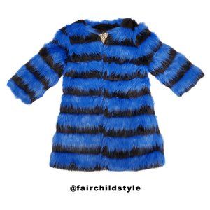 Blue & Black Striped FAUX FUR Coat - Size M/L